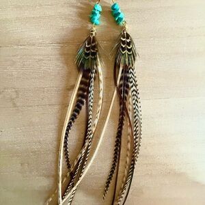 Artisan Feather Earrings with Turquoise Beads